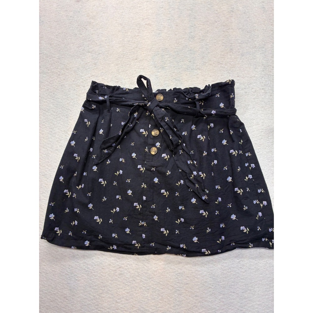 American Eagle Floral Mini Skirt Cottagecore Paperbag Waist Large Black Linen